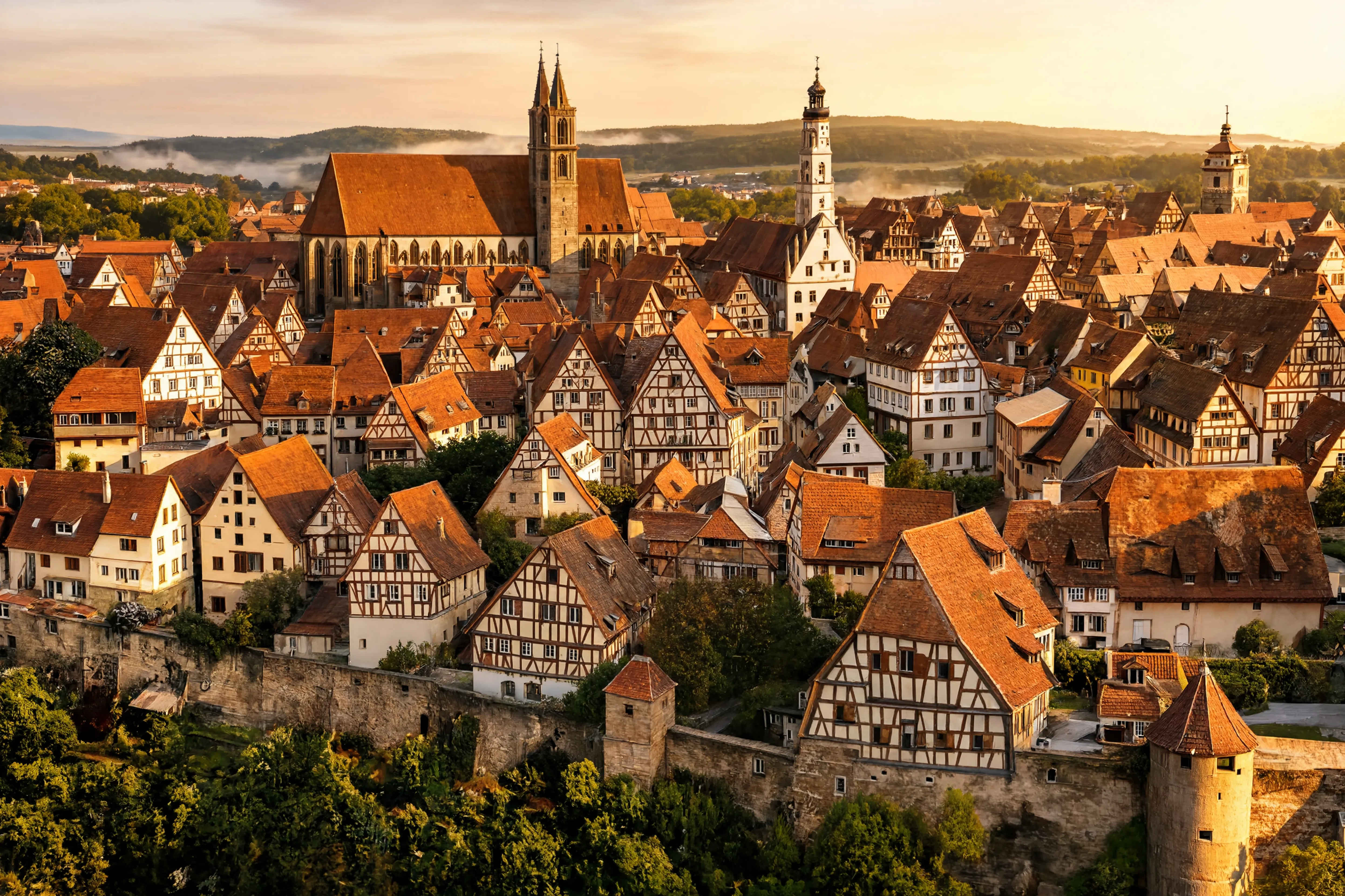 Rothenburg ob der Tauber – mittelalterliche Stadtmauer und gepflasterte Gassen im Morgenrot