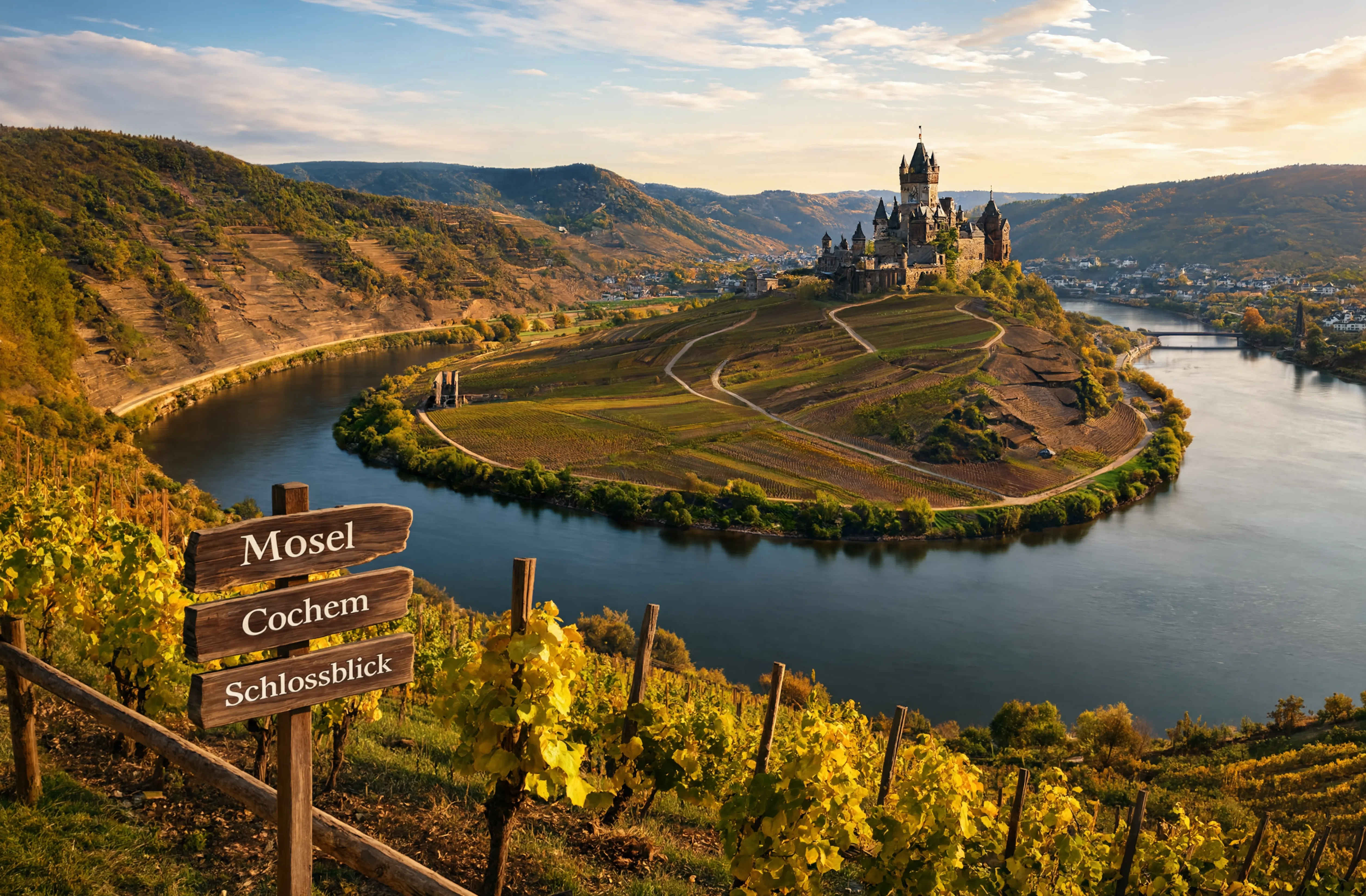 Mosel-Weinberge im Herbstlicht mit Flussschleife und mittelalterlichem Ort