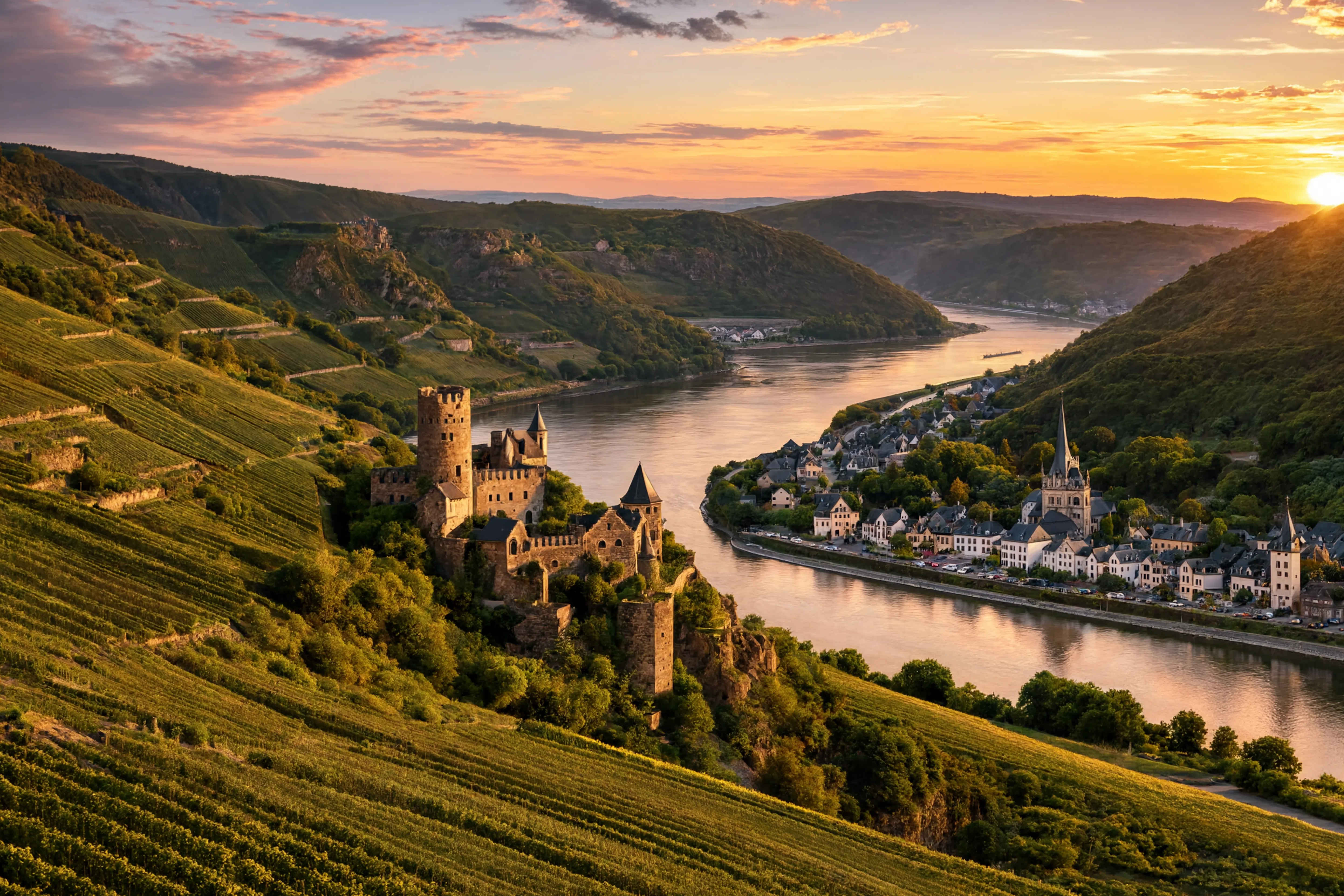 Rheintal mit Weinbergen und mittelalterlichen Burgen auf Felsspitzen
